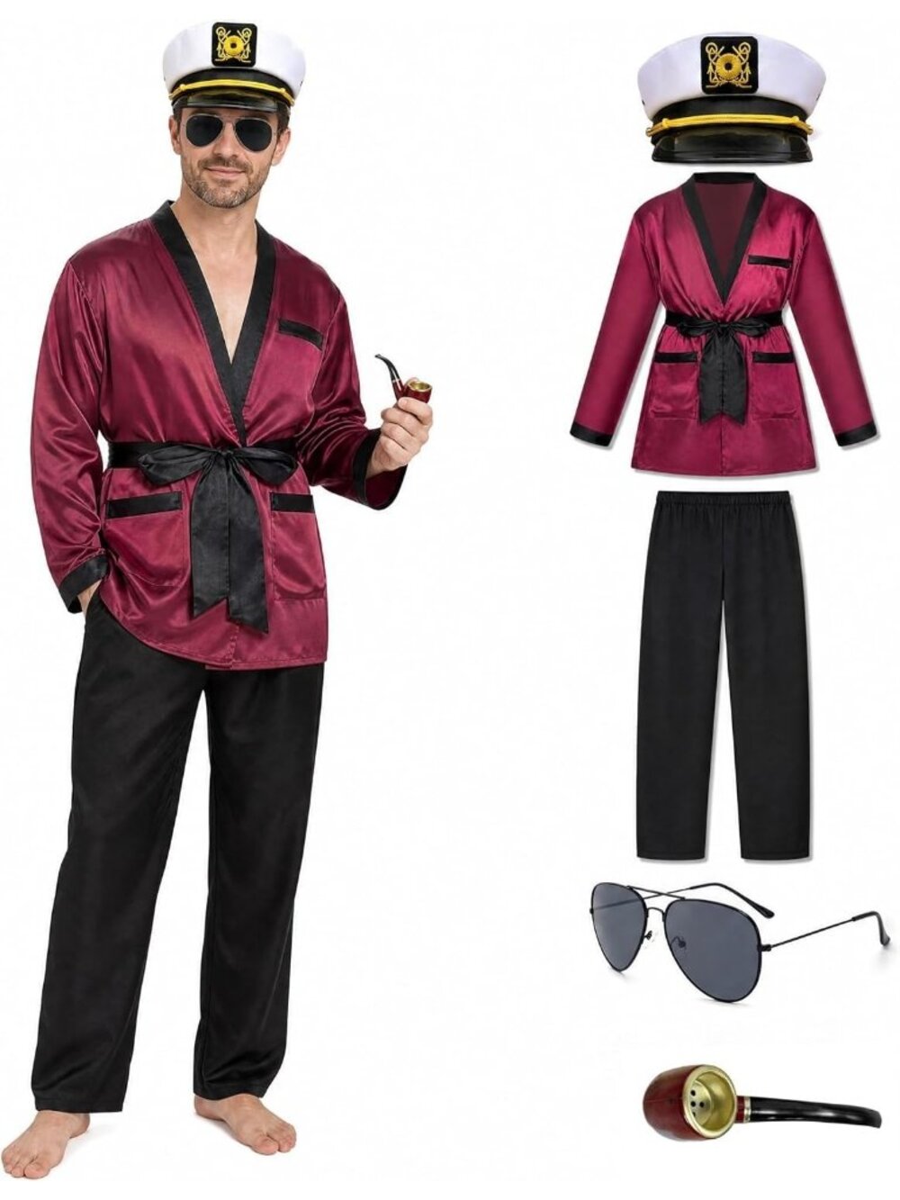 Playboy Silk Robe Jacket Pants Captain Hat Sunglasses Pipe Halloween Costume SM
